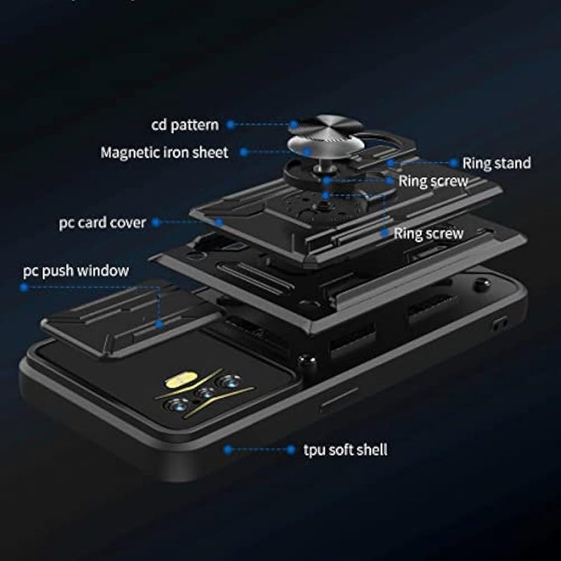 for Xiaomi Poco F4 GT Case with Card Holder, Heavy Duty Protection Phone Case with Magnetic Ring Kickstand Slide Camera Cover for Xiaomi Poco F4 GT/Redmi K50 Gaming LJK Black - Image 2
